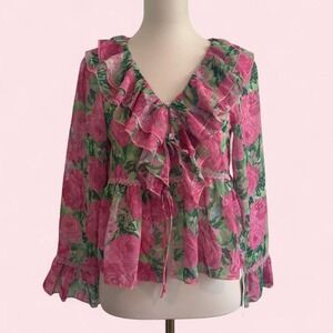 Pink Floral Ruffle Tie-Front Blouse — Size M